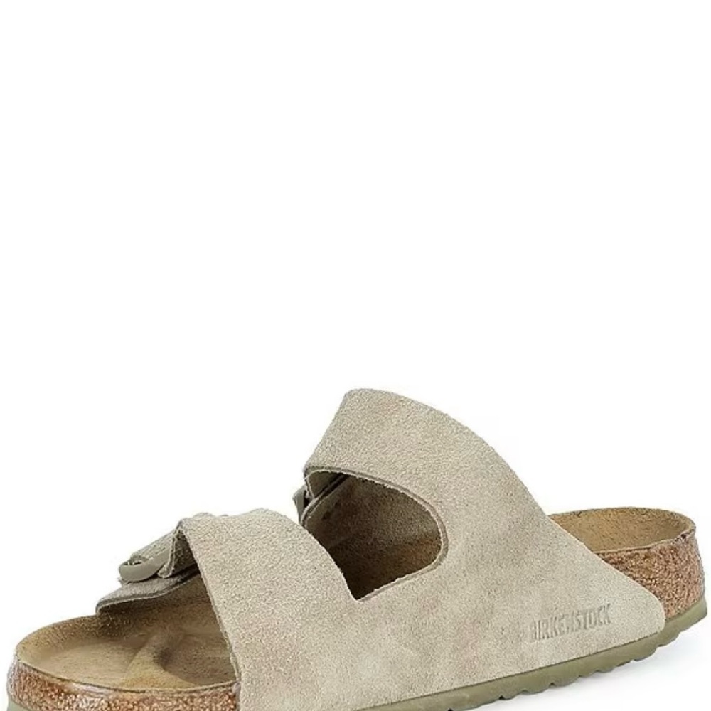 Birkenstock Arizona Two-Strap Suede Slide Sandal in Faded Khaki